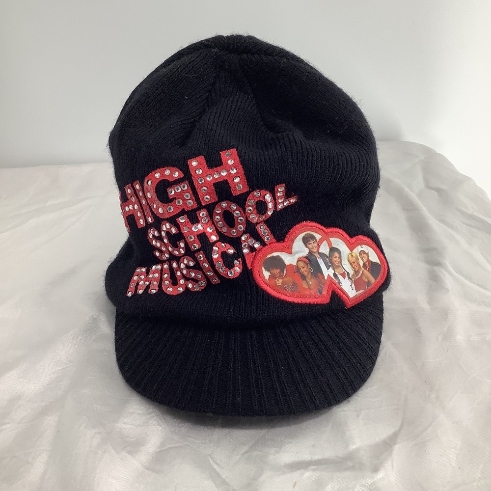 Disney High School Musical Black Knit Beanie Visor Hat Rhinestone‎ Logo Y2K HSM